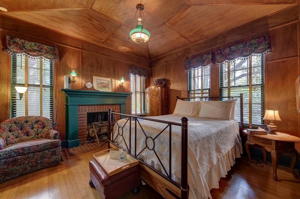 Bedroom, Fireplace, Interior, Wooden Ceilings, Wood Texture Flooring, Wooden Walls
