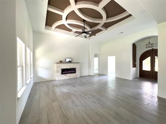 Empty room, Fireplace, Interior, Pendant Lights, Wood Texture Flooring