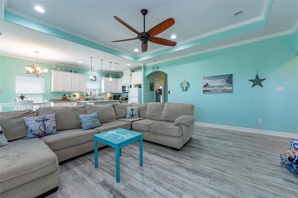 Chandelier, Dining room, Interior, Kitchen, Living room, Pendant Lights, Recessed Lighting, Wood Texture Flooring