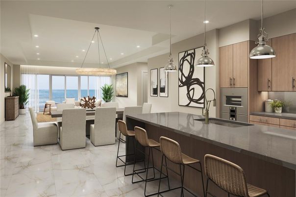 Dining room, Interior, Kitchen, Marble, Pendant Lights, Recessed Lighting, Water