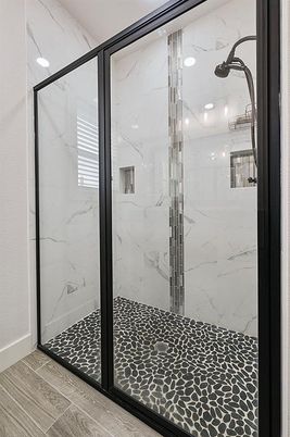 Bathroom, Glass Shower, Interior, Marble Walls, Recessed Lighting