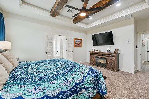 Bedroom, Fireplace, Interior, Recessed Lighting, Wooden Beams