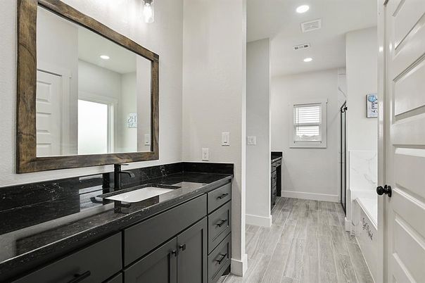 Bathroom, Interior, Recessed Lighting, Wood Texture Flooring