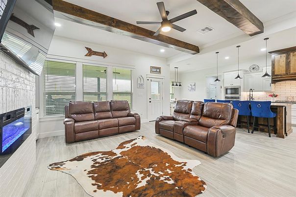Fireplace, Interior, Kitchen, Living room, Pendant Lights, Recessed Lighting, Stone Walls, Wooden Beams, Wood Texture Flooring