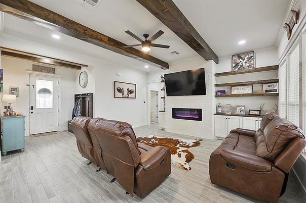 Fireplace, Interior, Living room, Recessed Lighting, Wooden Beams, Wood Texture Flooring