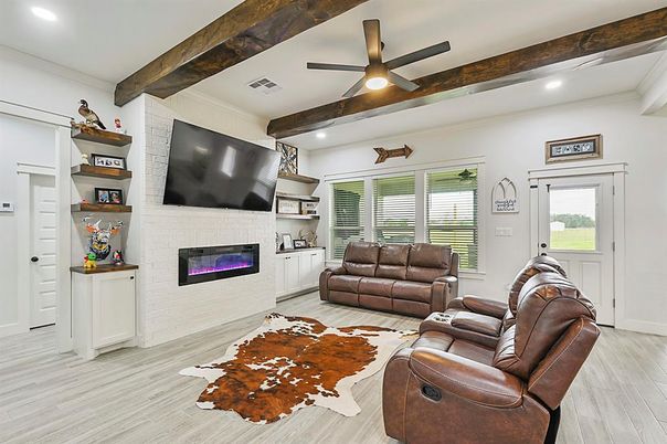 Fireplace, Interior, Living room, Recessed Lighting, Stone Walls, Wooden Beams, Wood Texture Flooring