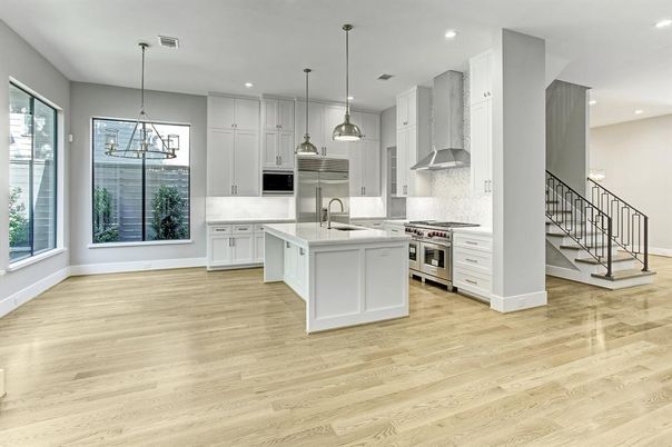 Interior, Kitchen, Pendant Lights, Recessed Lighting, Stainless Steel Appliances, Wood Texture Flooring