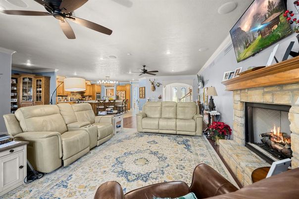 Chandelier, Dining room, Fireplace, Interior, Kitchen, Living room, Recessed Lighting