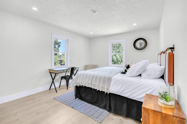 Bedroom, Interior, Recessed Lighting, Wood Texture Flooring