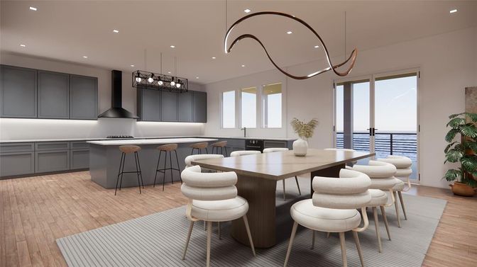 Dining room, Interior, Kitchen, Pendant Lights, Recessed Lighting, Wood Texture Flooring