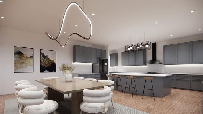 Dining room, Interior, Kitchen, Pendant Lights, Recessed Lighting, Stainless Steel Appliances, Wood Texture Flooring