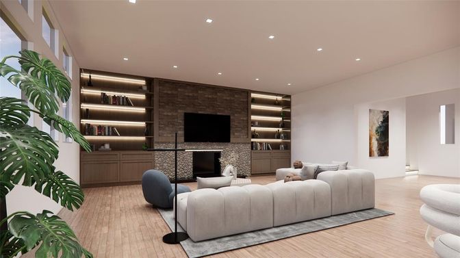 Interior, Living room, Recessed Lighting, Stone Walls, Wood Texture Flooring