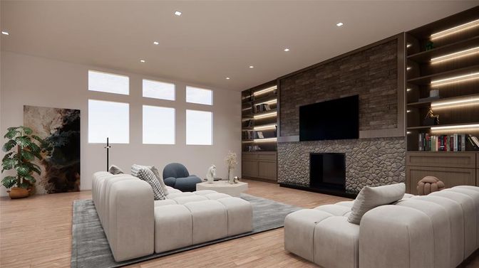 Fireplace, Interior, Living room, Recessed Lighting, Stone Walls, Wood Texture Flooring