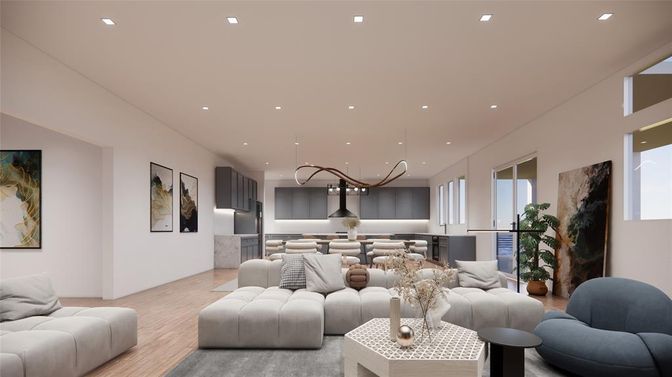 Interior, Kitchen, Living room, Pendant Lights, Recessed Lighting, Wood Texture Flooring