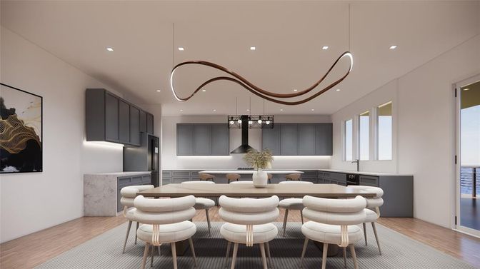 Dining room, Interior, Kitchen, Pendant Lights, Recessed Lighting, Stainless Steel Appliances, Wood Texture Flooring