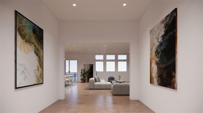 Interior, Living room, Recessed Lighting, Wood Texture Flooring