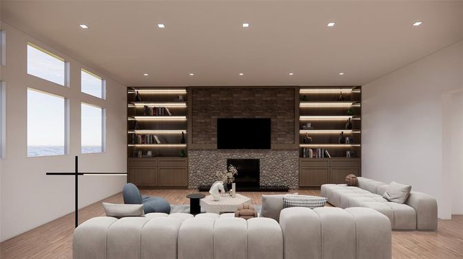 Fireplace, Interior, Living room, Recessed Lighting, Stone Walls, Wood Texture Flooring