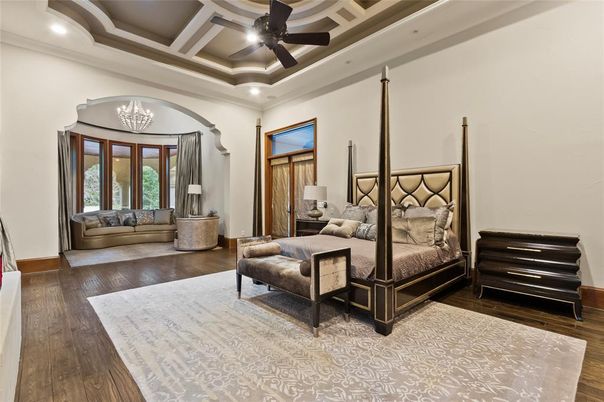 Bedroom, Chandelier, Interior, Recessed Lighting, Wood Texture Flooring