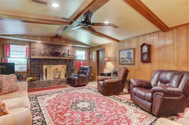 Fireplace, Interior, Living room, Recessed Lighting, Stone Walls, Wooden Beams, Wooden Walls