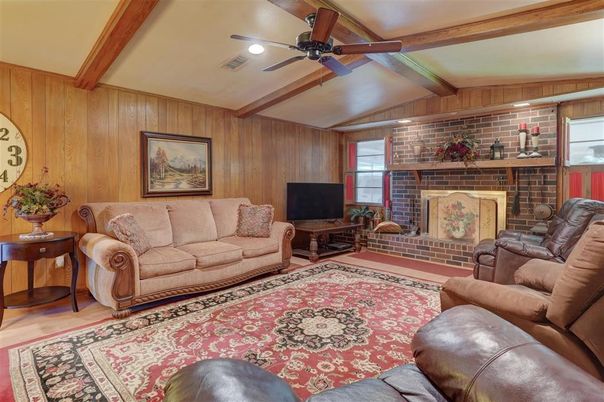 Fireplace, Interior, Living room, Recessed Lighting, Stone Walls, Wooden Beams, Wood Texture Flooring, Wooden Walls