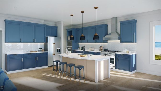 Interior, Kitchen, Pendant Lights, Recessed Lighting, Stainless Steel Appliances, Water, Wood Texture Flooring