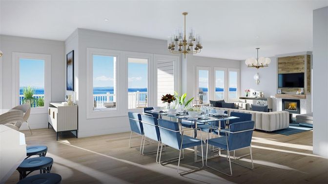 Chandelier, Dining room, Fireplace, Interior, Living room, Pendant Lights, Recessed Lighting, Water, Wood Texture Flooring