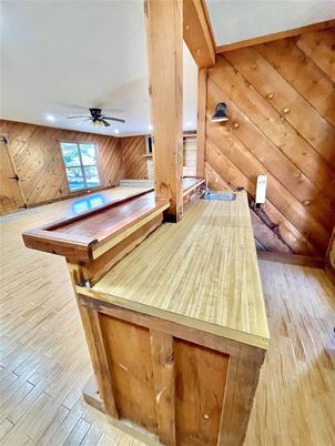 Billiard Table, Game Room, Interior, Recessed Lighting, Wood Texture Flooring, Wooden Walls