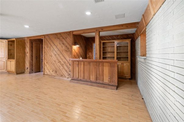 Empty room, Interior, Recessed Lighting, Stone Walls, Wood Texture Flooring, Wooden Walls