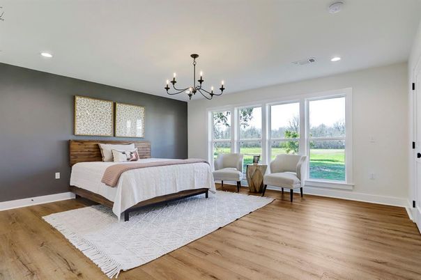Bedroom, Chandelier, Interior, Recessed Lighting, Wood Texture Flooring