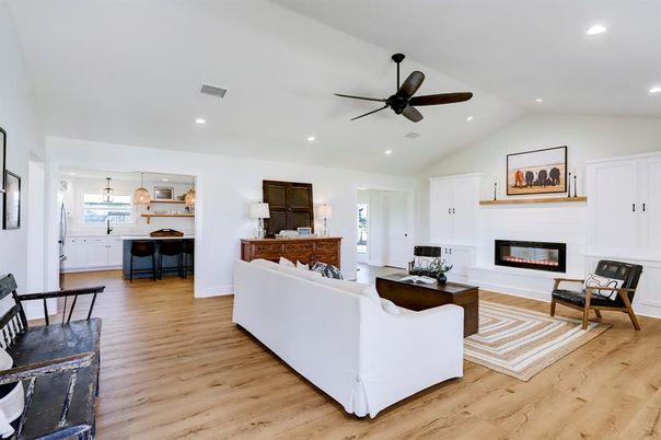 Fireplace, Interior, Kitchen, Living room, Pendant Lights, Recessed Lighting, Wood Texture Flooring