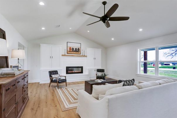 Fireplace, Interior, Living room, Recessed Lighting, Wood Texture Flooring