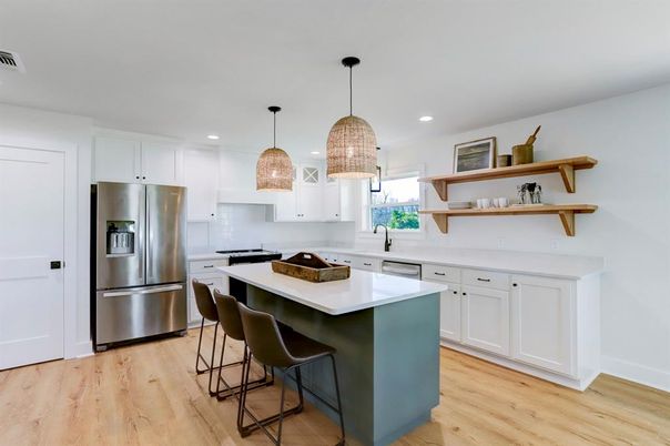 Interior, Kitchen, Pendant Lights, Recessed Lighting, Stainless Steel Appliances, Wood Texture Flooring