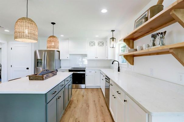 Interior, Kitchen, Pendant Lights, Recessed Lighting, Stainless Steel Appliances, Wood Texture Flooring