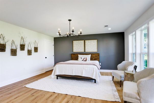 Bedroom, Chandelier, Interior, Recessed Lighting, Wood Texture Flooring