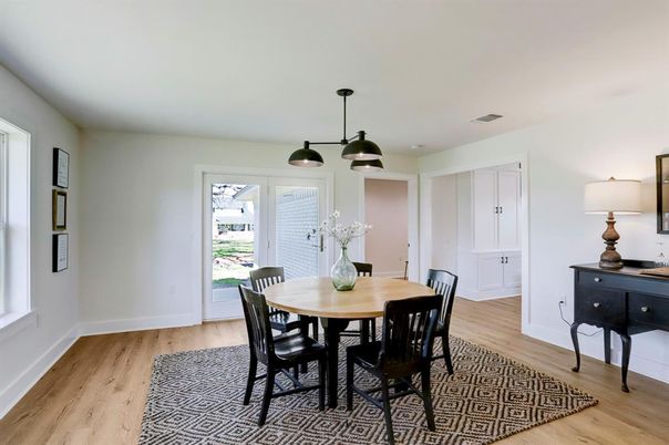 Dining room, Interior, Pendant Lights, Wood Texture Flooring