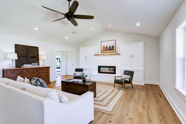 Fireplace, Interior, Living room, Recessed Lighting, Wood Texture Flooring