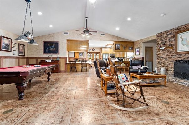 Billiard Table, Fireplace, Game Room, Interior, Pendant Lights, Recessed Lighting, Stone Walls