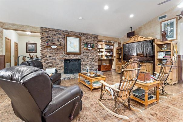 Fireplace, Interior, Living room, Recessed Lighting, Stone Walls