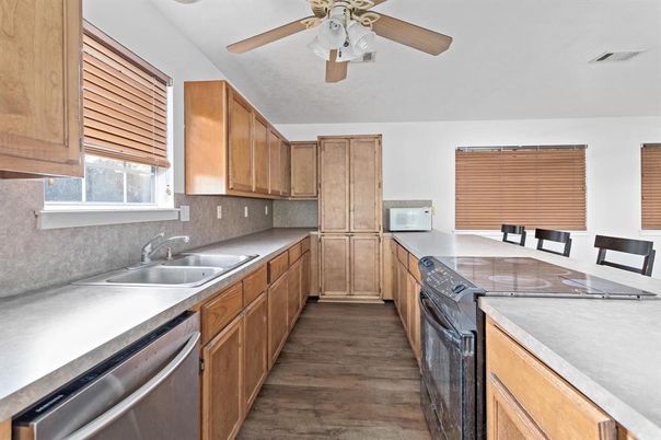 Interior, Kitchen, Tile Countertops, Wood Texture Flooring