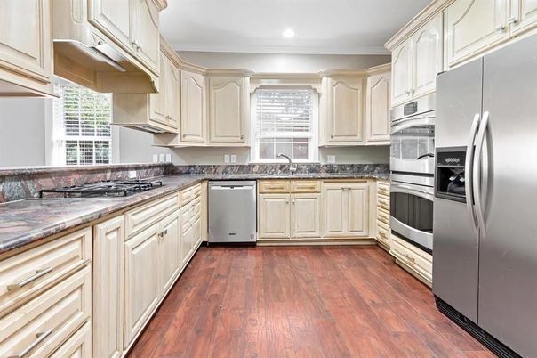 Interior, Kitchen, Recessed Lighting, Stainless Steel Appliances, Wood Texture Flooring