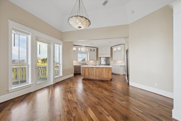 Chandelier, Interior, Kitchen, Pendant Lights, Recessed Lighting, Wood Texture Flooring