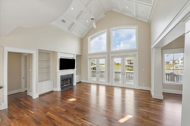 Empty room, Fireplace, Interior, Recessed Lighting, Wood Texture Flooring