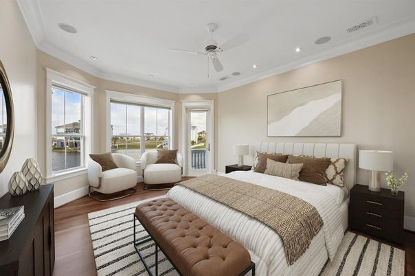 Bedroom, Interior, Recessed Lighting, Wood Texture Flooring