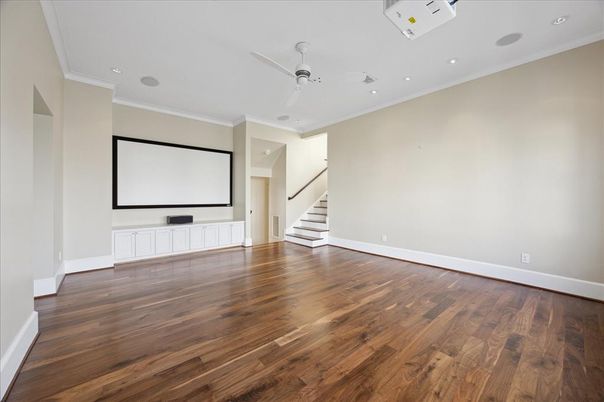Empty room, Interior, Projection Screen, Recessed Lighting, Wood Texture Flooring