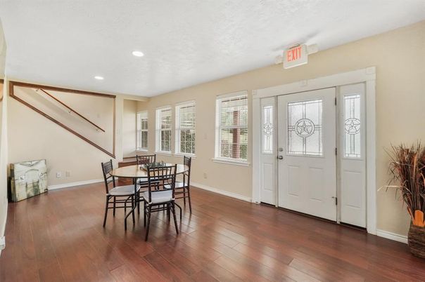 Dining room, Interior, Recessed Lighting, Wood Texture Flooring