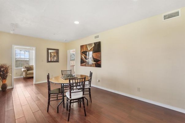Dining room, Interior, Recessed Lighting, Wood Texture Flooring