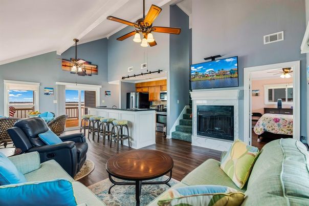 Fireplace, Interior, Kitchen, Living room, Pendant Lights, Wood Texture Flooring