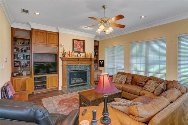 Fireplace, Interior, Living room, Recessed Lighting, Wood Texture Flooring