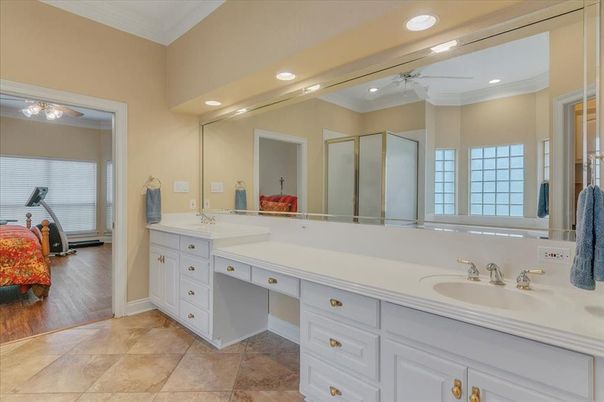 Bathroom, Dual Sink Vanities, Interior, Recessed Lighting, Wood Texture Flooring