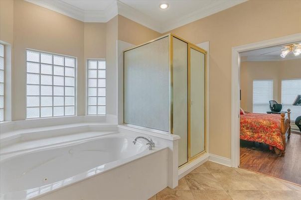 Bathroom, Bedroom, Glass Shower, Interior, Recessed Lighting, Wood Texture Flooring